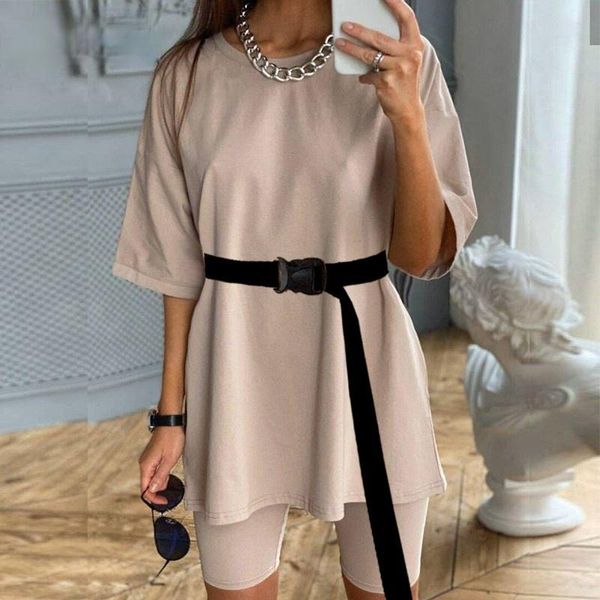

women's tracksuits summer 2021 women set o neck loose short sleeve shirt and biker shorts casual two piece sets white outfit khaki suit, Gray