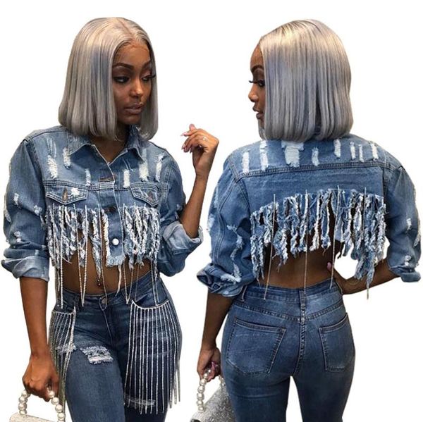 

women's jackets ripped tassel jeans short jacket women turn down collar long sleeve elegant denim outerwear coat, Black;brown