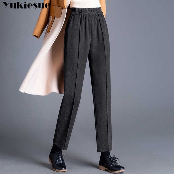 

winter casual elastic high waist gray black pants women thick wool ladies office trousers female woolen harem 210608, Black;white