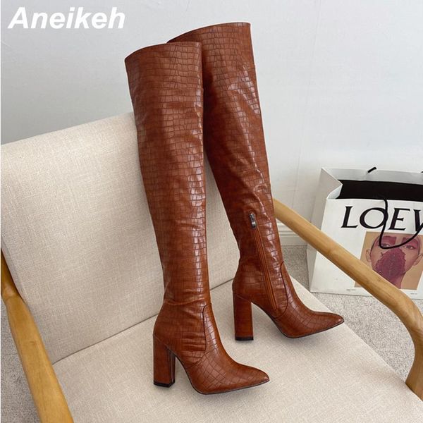 

boots aneikeh patent leather alligator pattern pleated 9cm squared heels women 2021 fashion sewing zip pointed toe party shoes, Black