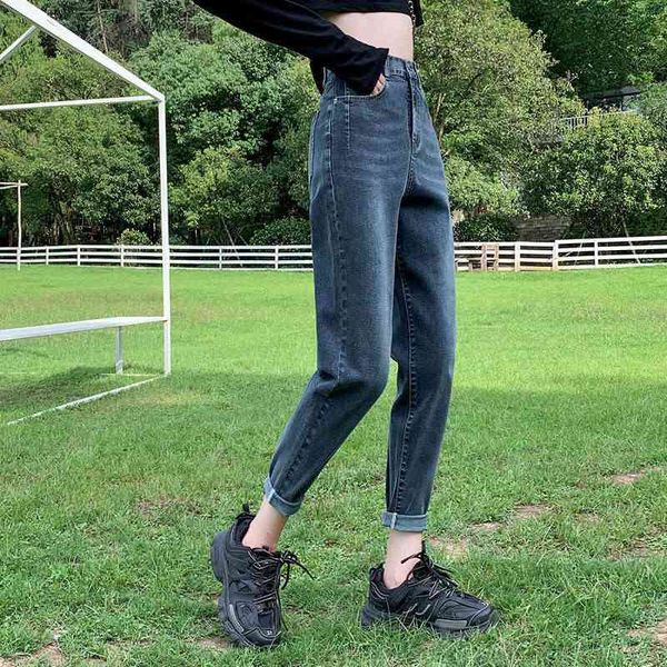 

women's loose high harem jeans fashionable waist button adjustable elastic dad pants c8hs, Blue