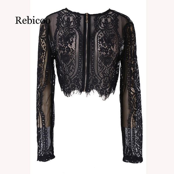 

women's blouses & shirts ladies spring and autumn black lace long sleeve shirt cropped hollow office 2021, White