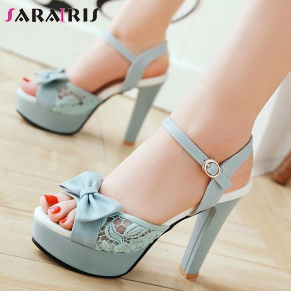

sandals sarairis sweet girl 2021 party dress women high heel peep toe platform lace solid shoes woman, Black