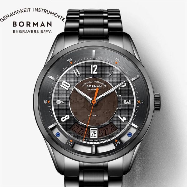 

wristwatches borman arrival mens business automatic mechanical watches date luminous hands watch 316l stainless steel waterproof, Slivery;brown