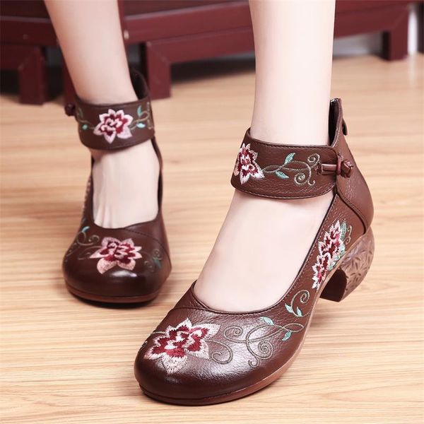 

dress shoes listing genuine leather retro embroidery women fashion high to help shallow mouth thick with heels, Black