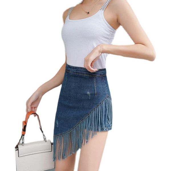 

skirts 2021 women summer black blue solid casual high waist pencil denim street pockets tassel all-matched jeans skirt