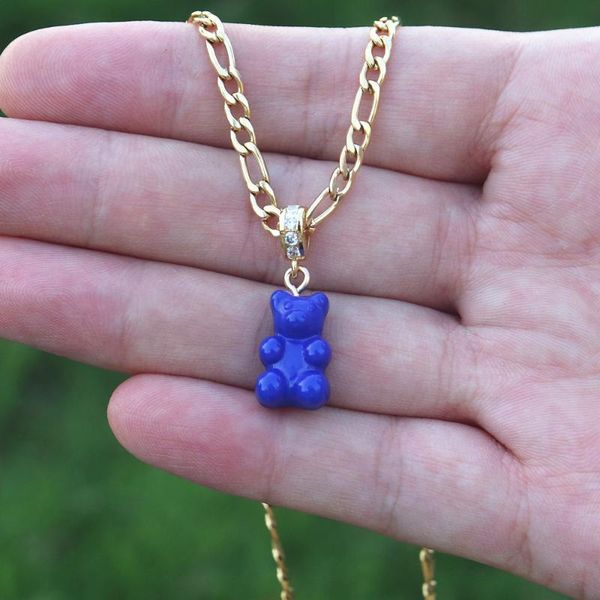 

pendant necklaces gummy bear charm necklace crystal jewelry hip hop figaro chain zircon choker cute resin bears for women gift, Silver