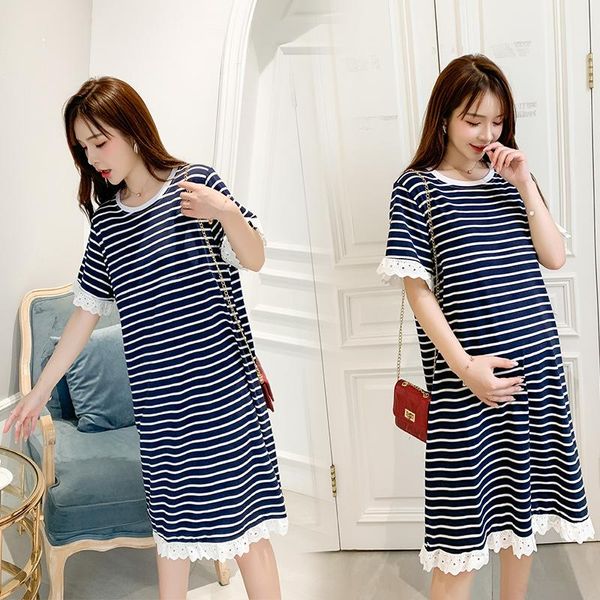 

maternity clothes dress summer fashion pregnancy round neck stretch slim women dresses, White