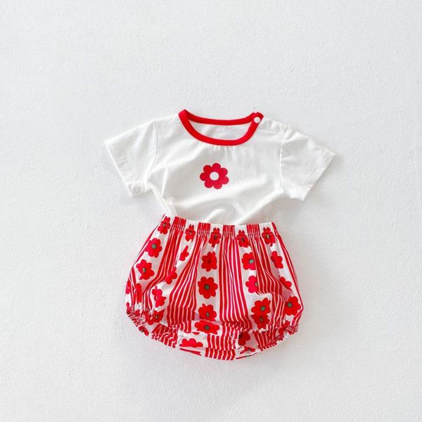 

clothing sets 8038 baby set girls suit or romper summer 2021 twins clothes sunflower printed t-shirt +short flying sleeve, White