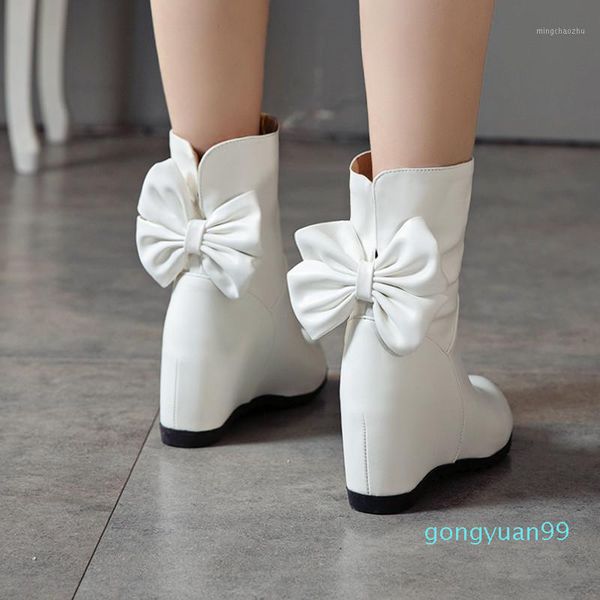 2019 Fashion Big Bow Cute Lolita Shoes Women Boot Bianco Nero Hidden High Heel Slip on Sweet Bowtie Stivaletti Taglia 431