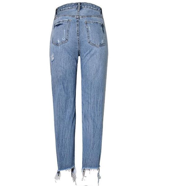 

high waist slim straight pearl womens jeans 3 color studs irregular foot fringe hole denim trousers, Blue