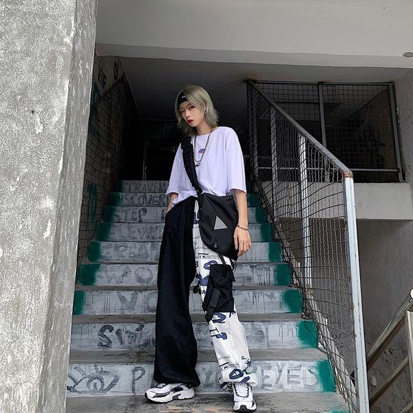 

summer overalls women's pants korean harajuku women streetwear graffiti wide-leg hip-hop style & capris, Black;white