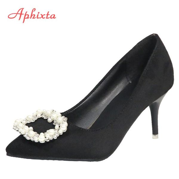 

dress shoes aphixta large size 48 pearl metal buckle stiletto high heels woman pump thin heel pointed toe elegant office pumps, Black