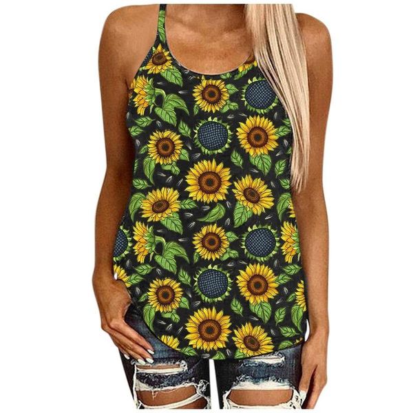 

women's tanks & camis summer sunflower print hollow out open back suspender vest sleeveless tank female backless loose camisole, White
