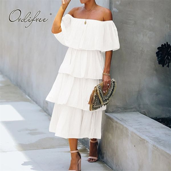 

summer women chiffon dress slash neck off shoulder ruffle white beach plus size xxxl 210513, Black;gray