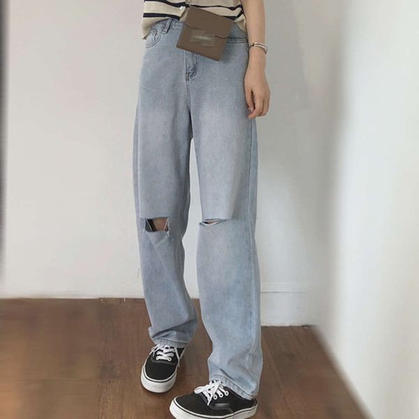 

autumn fashionable light washed high waist tube wide leg women's, Blue