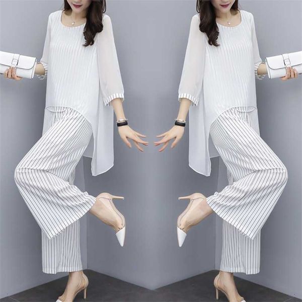 

chiffon pantsuits women pant suits for mother of the bride outfit formal wedding guest striped wide leg loose 3 piece sets 211105, White