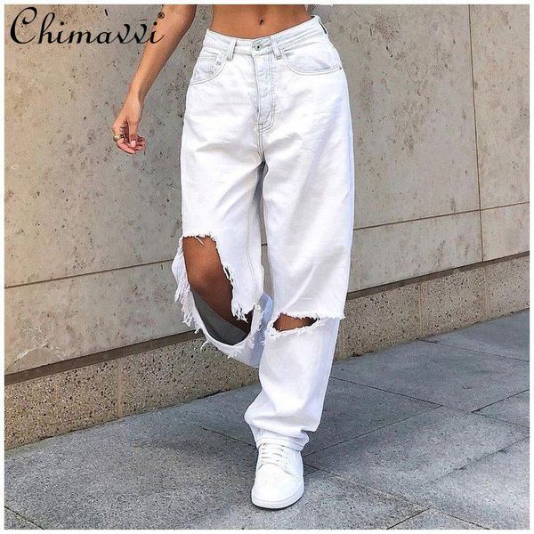 

women's jeans big ripped white ladies high waist straight leg holed denim pants female oversized wide trousers, Blue