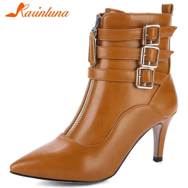 

karin 2021 brand big size 43 high heels pointed toe belt buckles ankle boot elegant winter boots shoes women, Black