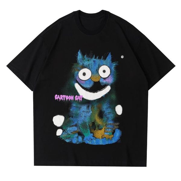 

summer tshirt harajuku t-shirt streetwear cartoon cat print hip hop loose cotton short sleeve shirts men's t-shirts, White;black