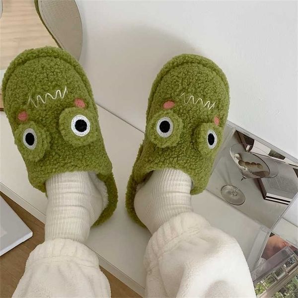 

girl heart cotton slippers female autumn and winter cartoon cute frog knot plush non-slip indoor confinement shoes household 211110, Black
