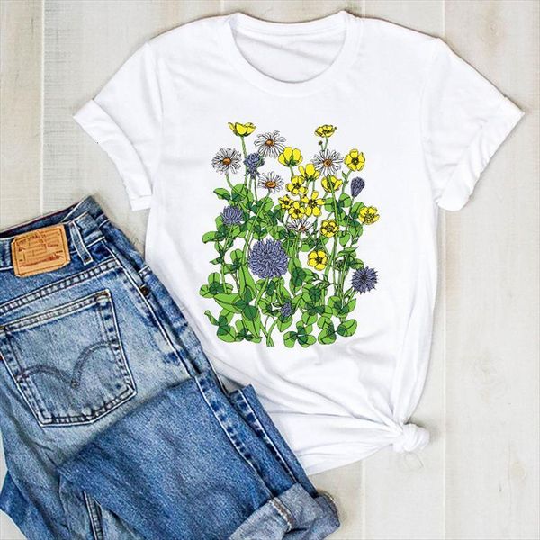 

flower elegant cartoon floral print women t shirt summer tee clothes graphic, White