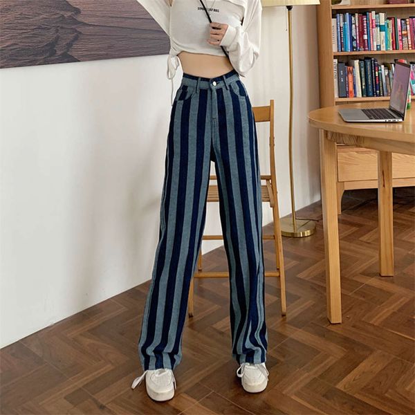 

striped high waist autumn and summer design sense wide leg, Blue