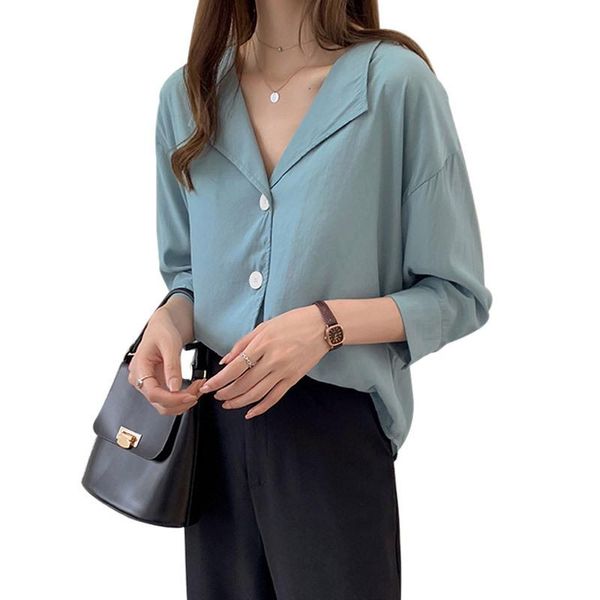 

women blouse summer simple solid v-neck three quarter sleeve button up loose chiffon 2021 women's blouses & shirts, White