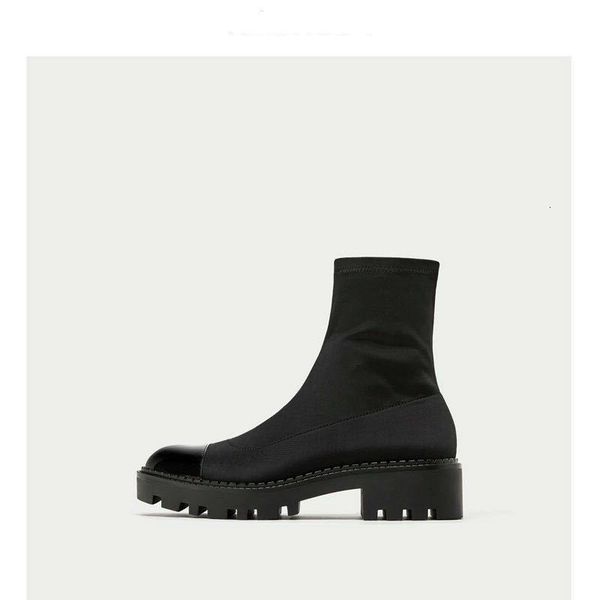 

boots flat bottom elastic thick women's shoes heel short, Black