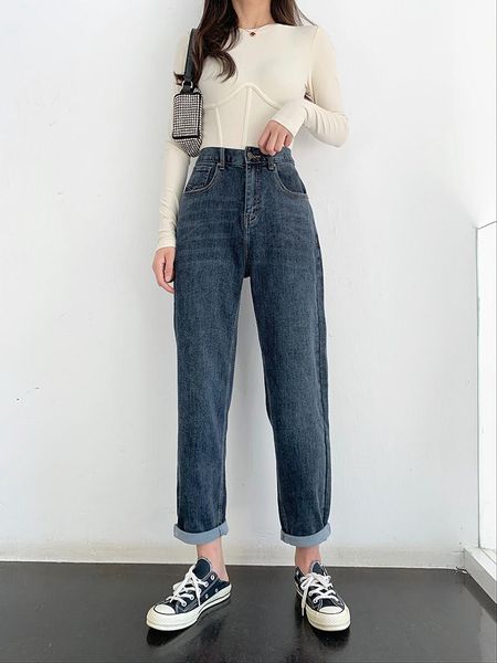 

women's jeans autumn/winter style street high-waisted women with small feet, solid color slimming elastic waist casual, Blue