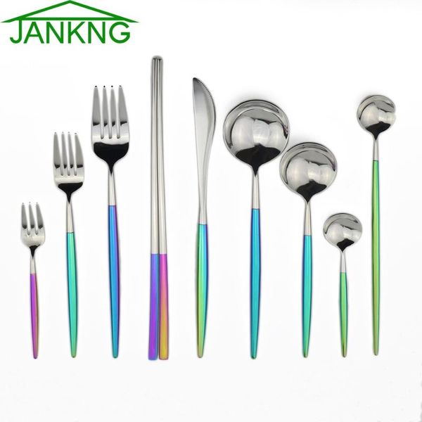 

dinnerware sets jankng 1-piec 18/10 stainless steel luxury blazing colorful knife silverware set rainbow tableware cutlery