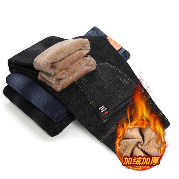 

men's jeans black plus velvet straight feet winter senior korean version of slim stretch male trousers size warm pants, Blue