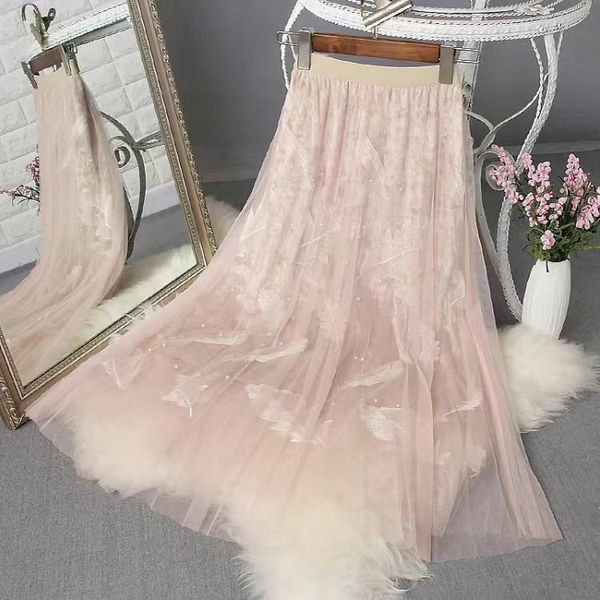 

women feather embroidery skirts beading with pearl skirt big swing party holiday street casual spring autumn net yarn, Black