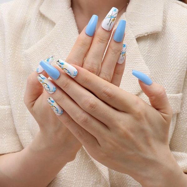 

false nails women beauty nail art blue fake ballet tip t-shaped, Red;gold