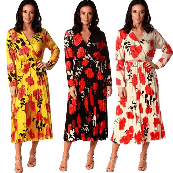 

women plus-size medium length dresses women's autumn/winter rose floral style print elegant v-neck long sleeve home dress casual, Black;gray