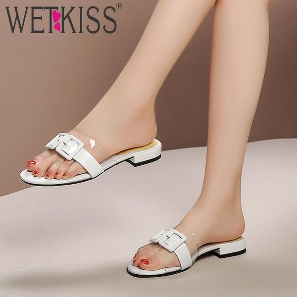 

slippers wetkiss transparent pvc woman open toe footwear casual slides shoes female low heels leather mules women summer, Black