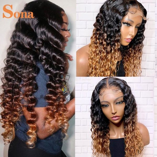 

tones ombre hd transparent lace frontal human hair wigs glueless brown highlight wig deep curly front pre plucked1, Black;brown