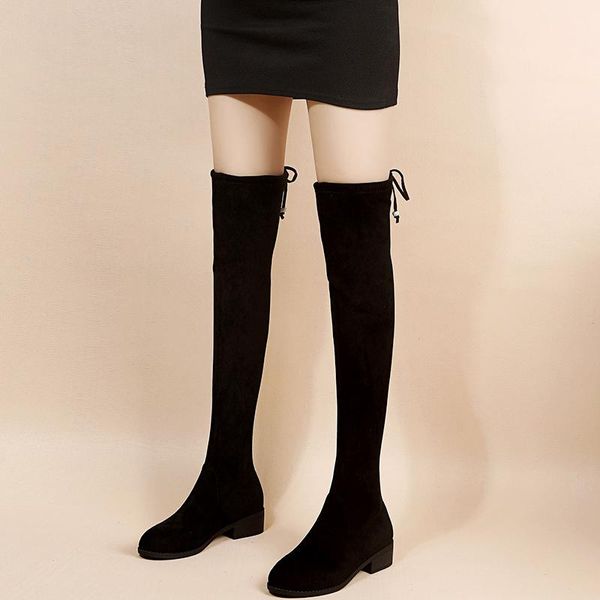 

boots 2021 ladies autumn winter elastic flock warm plush over the knee women block high heels black lace up botas shoes