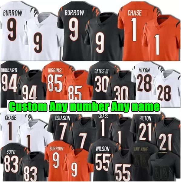 

9 joe burrow ja'marr chase tee higgins football jersey jessie bates iii mixon sam hubbard tyler boyd vonn bell cincinnatis logan bengal, Black;red