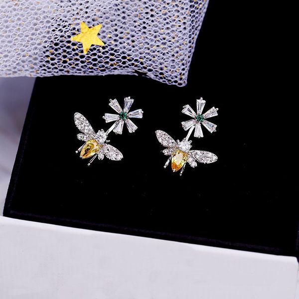 

est micro-set zircon yellow small bee flower daisy daily wild women's 925 silver needle earrings for women stud, Golden;silver