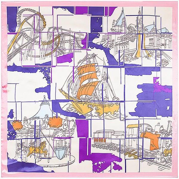

scarves 90x90cm europe style imitation silk scarf women sketch of sailing train construction neckerchief bandana square muslim headscarf, Blue;gray