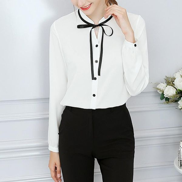 

women lady solid fashion casual office ladies blouse long sleeve color bow slim shirt for girls women's blouses & shirts, White