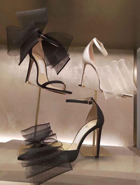 

luxury bridals wedding averly sandals shoes pointed toe bow mesh women's ankle strap high heels elegant brand lady pumps eu35-43, Black