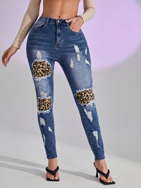 

ripped detail leopard paneled skinny jeans o8yp#, Blue