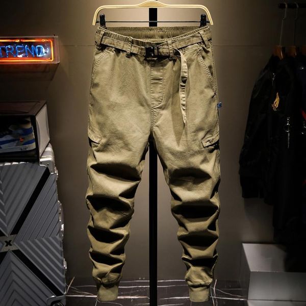 

men's pants men 2021 spring summer casual plus size solid color multi pocket male drawstring cargo trousers w552, Black