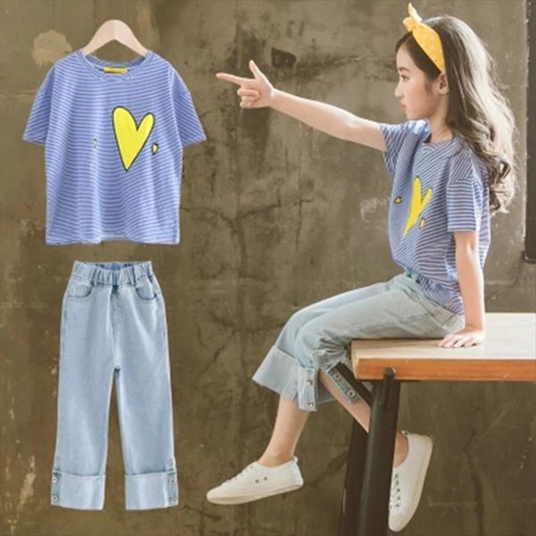 

teenager girl clothes t shirt pants 2pcs clothing sets summer fashion 10 12 14 years old kids girls set, Blue