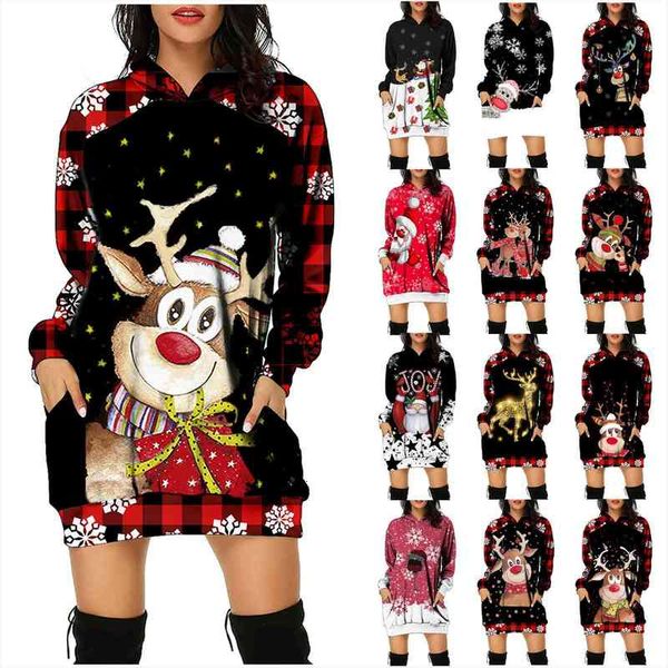 

fashion christmas winter bag women dress hip pocket print long sleeves hoodie sweatshirts xmas party casual mini, Black;gray