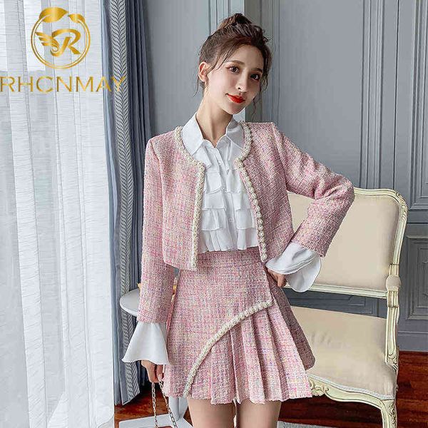 Outono inverno coreano 3 peças conjunto mulheres francês vintage tweed casaco + ruffles blusa branca + plissado mini saia três peças fatos 211119