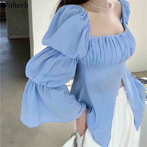 

square collar puff sleeve blouse women blue shirt elegant split and bloues vintage korean chic blusas 210519, White