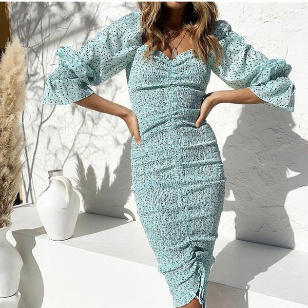 

casual dresses 2021 elegant women lacing up elastic ruched mid long party slim fit vestido package hips dot print sleeve dress, Black;gray